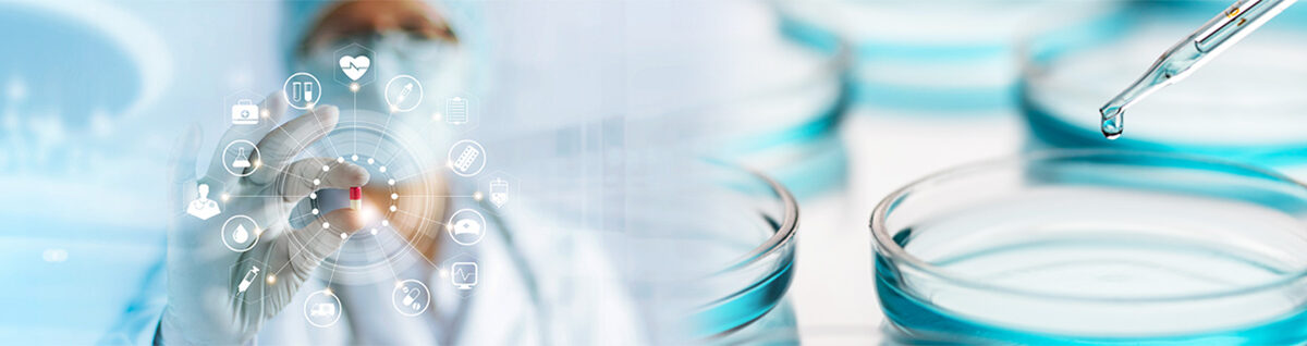 Medicine doctor holding a color capsule pill in hand with icon medical network connection on modern virtual screen interface in laboratory background, medical technology network concept